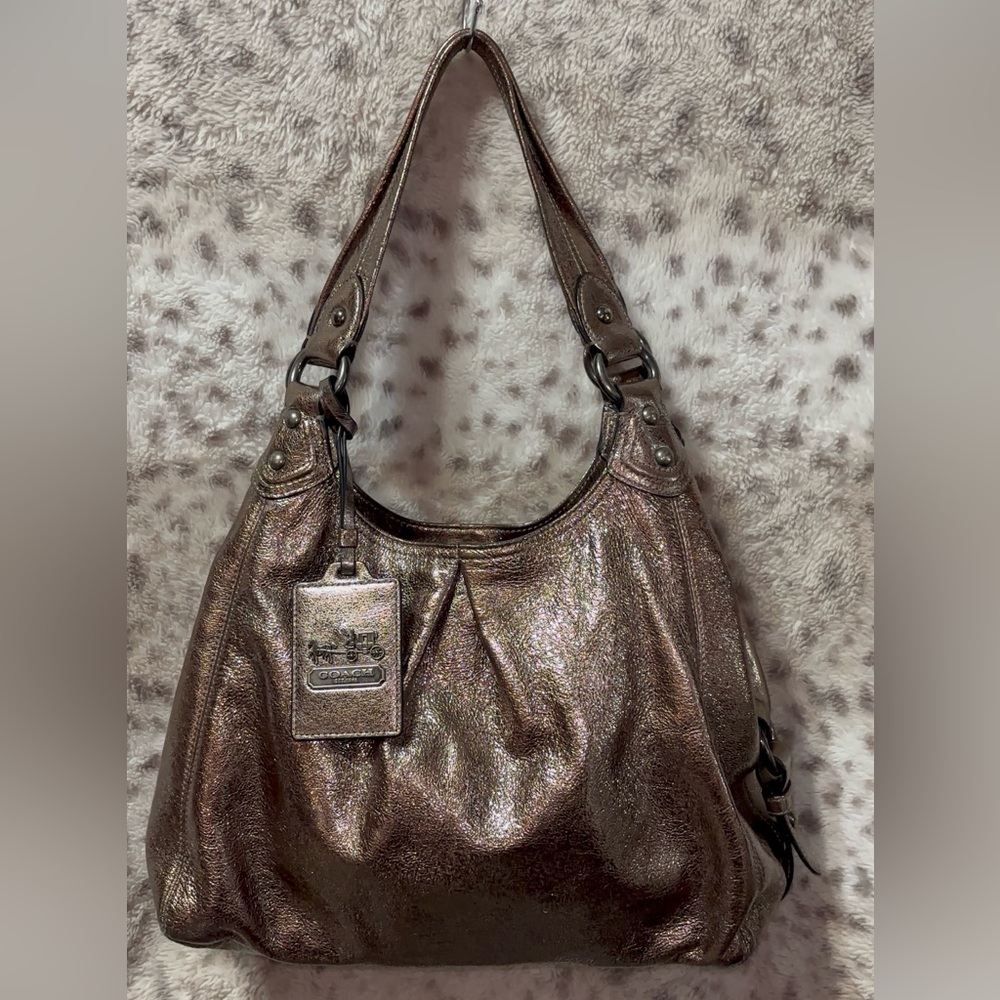 COACH MADISON MAGGIE METALLIC CRACKLED GUNMETAL LEATHER HOBO BAG